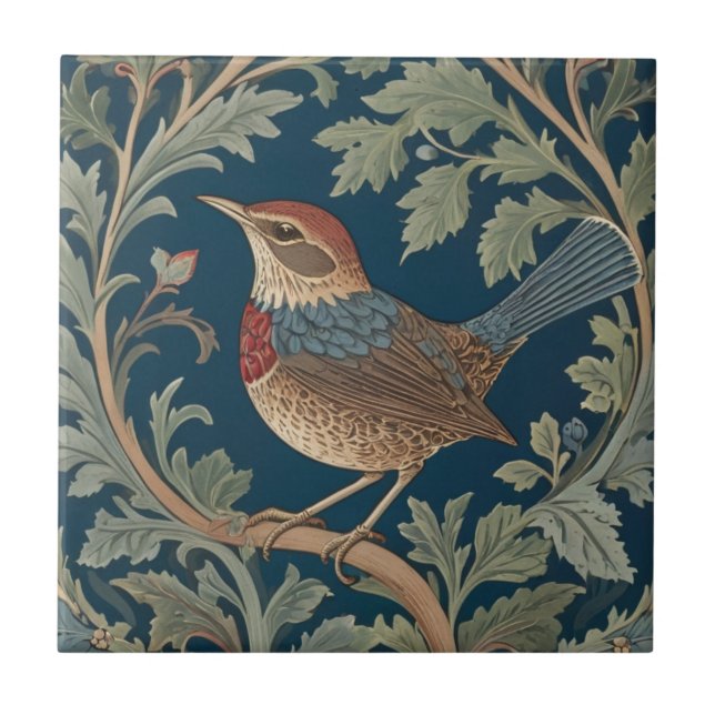 William Morris style Left facing Wren Bird Tile (Front)