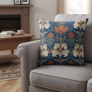 William Morris Style Pillow Blue Orange Floral