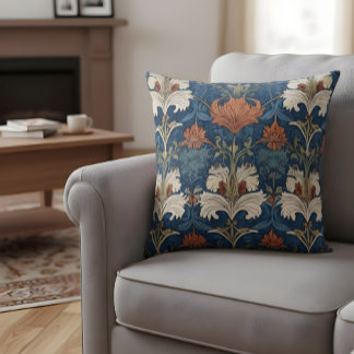 William Morris Style Pillow Blue Orange Floral