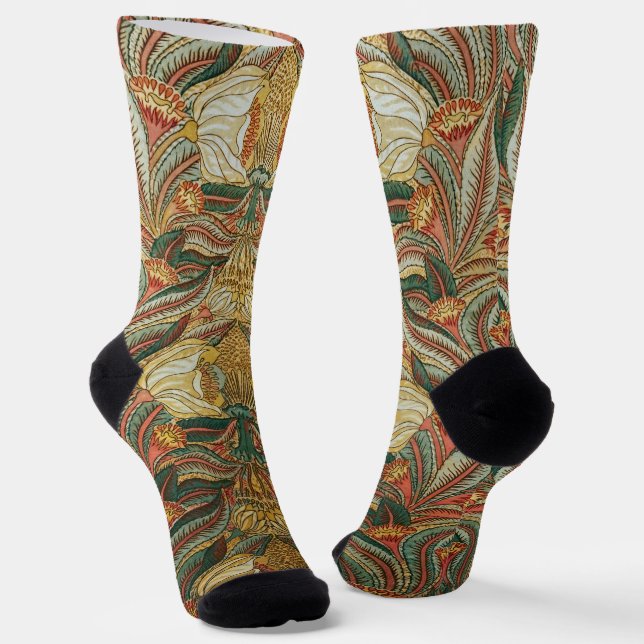 William Morris Style Pink Green Botanical Socks (Angled)