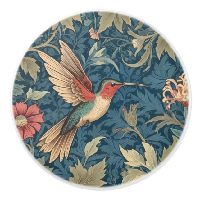 William Morris style R Ruby-throated hummingbird Ceramic Knob (Front)