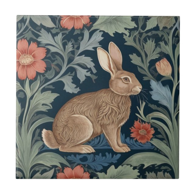 William Morris style Rabbit Right Facing Floral Tile (Front)