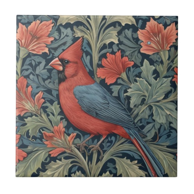 William Morris style Red Cardinal Bird L floral Tile (Front)