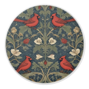 William Morris style Red Cardinal Birds Ceramic Knob