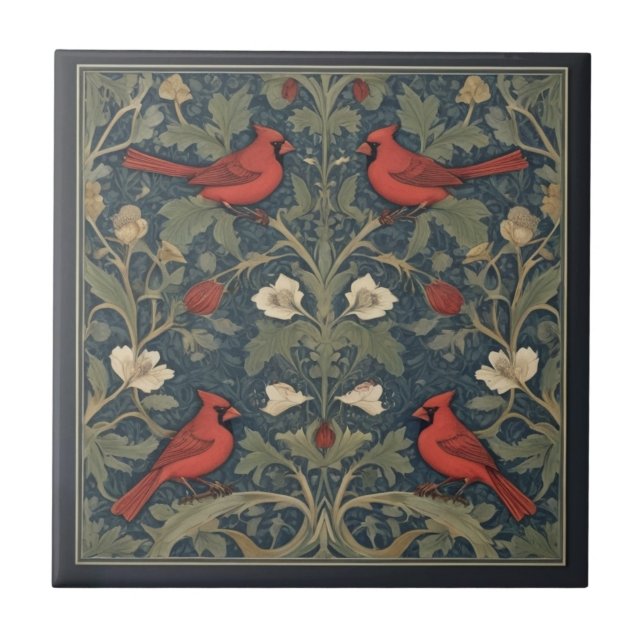 William Morris style Red Cardinal Birds Tile (Front)
