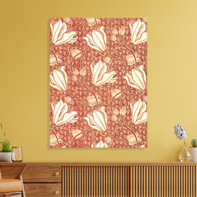 William Morris Style Red Lily Floral Pattern Canvas Print (Insitu(LivingRoom))