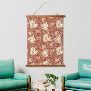 William Morris Style Red Lily Floral Pattern Hanging Tapestry