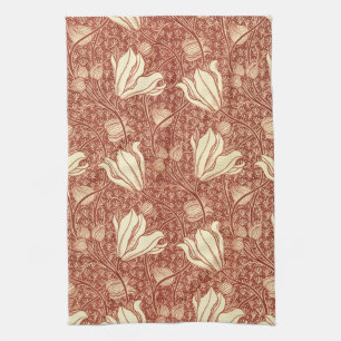 William Morris Style Red Lily Floral Pattern Kitchen Towel