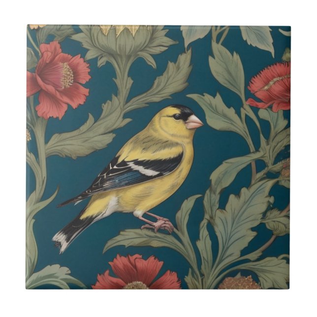 William Morris style Right American Goldfinch Bird Tile (Front)