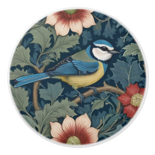 William Morris style Right facing Bird Blue Tit Ceramic Knob