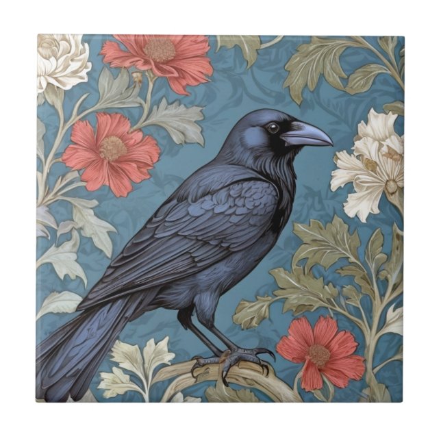 William Morris style Right facing Black Crow Bird  Tile (Front)