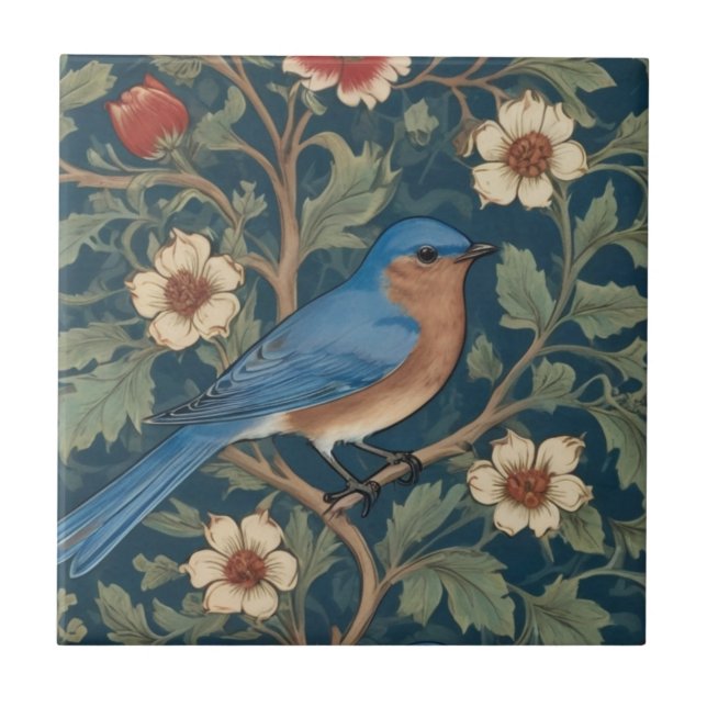 William Morris style Right facing Bluebird Bird Tile (Front)