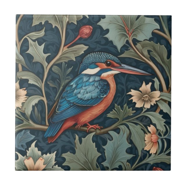William Morris style Right facing Kingfisher Bird Tile (Front)