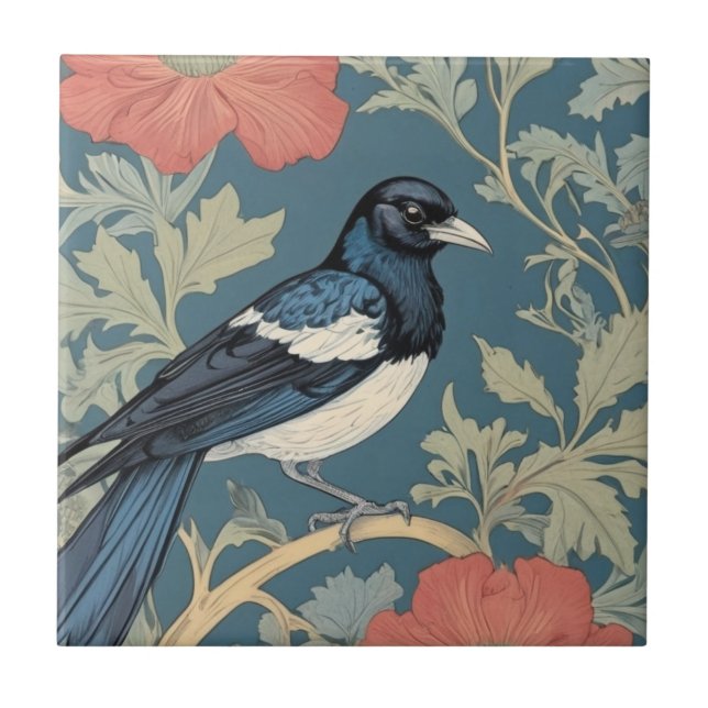 William Morris style Right facing Magpie Bird  Tile (Front)