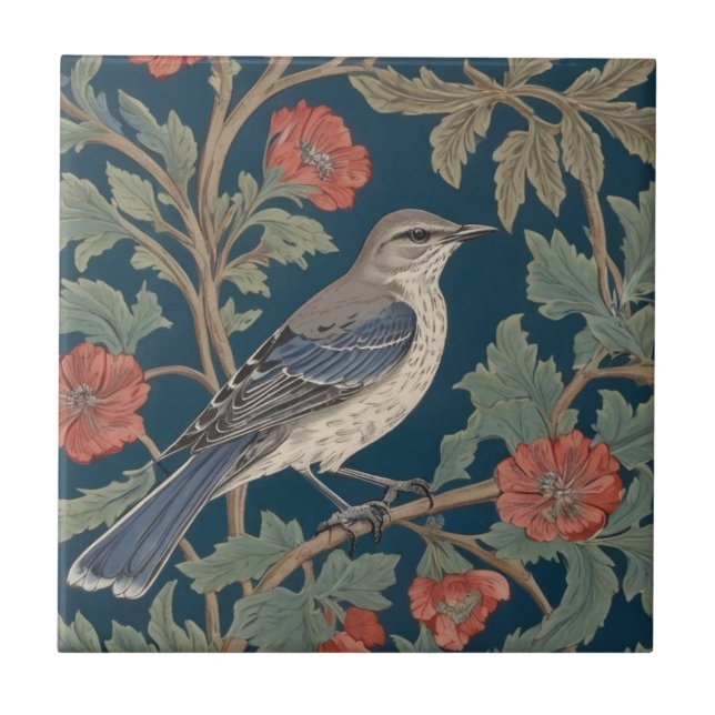 William Morris style Right facing Mockingbird Bird Tile (Front)