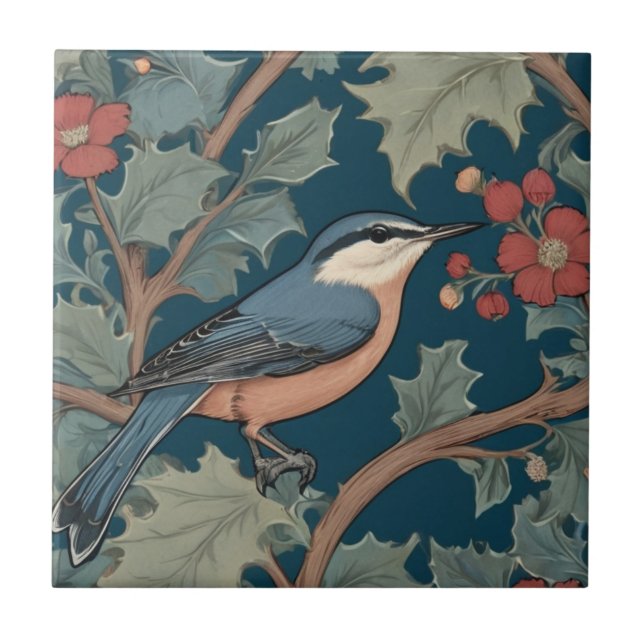 William Morris style Right Facing Nuthatch Bird Tile (Front)