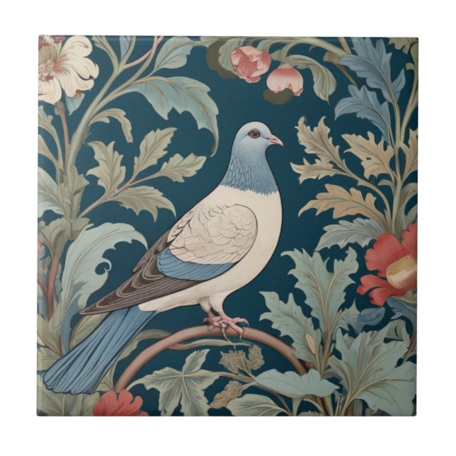 William Morris style Right facing Pigeon Bird Tile (Front)