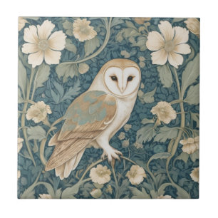 William Morris style Right Teal Cream Barn Owl Tile