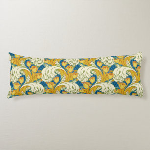 William Morris Style Teal & Gold Tulip Floral Art Body Pillow