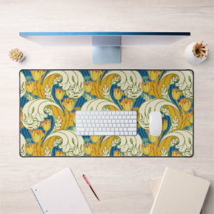 William Morris Style Teal & Gold Tulip Floral Art Desk Mat