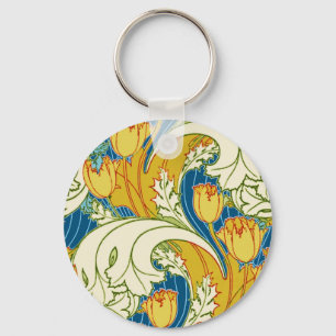 William Morris Style Teal & Gold Tulip Floral Art Keychain