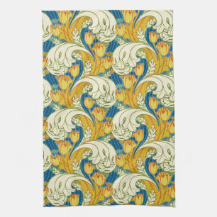 William Morris Style Teal & Gold Tulip Floral Art Kitchen Towel