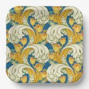 William Morris Style Teal & Gold Tulip Floral Art Paper Plate