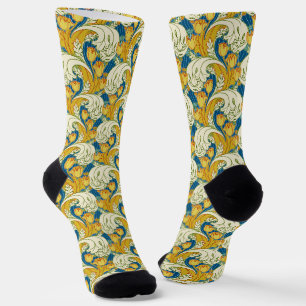 William Morris Style Teal & Gold Tulip Floral Art Socks