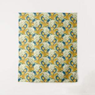 William Morris Style Teal & Gold Tulip Floral Art Tapestry