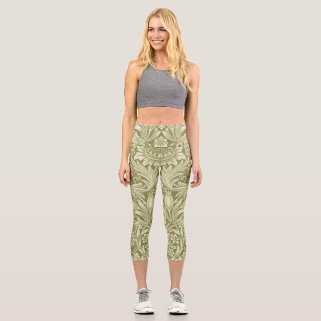 William Morris Sunflower Green Flower  Capri Leggings (Front)