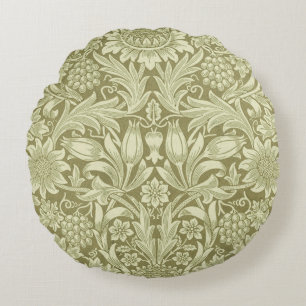 William Morris Sunflower Green Flower  Round Pillow
