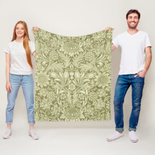 William Morris Sunflower Vintage Olive Damask Fleece Blanket