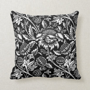 William Morris Sunflowers, Black and White Throw Pillow