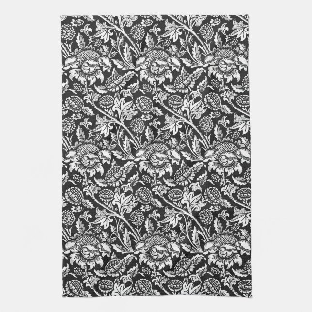 William Morris Sunflowers, Black, White and Grey Kitchen Towel (Vertical)