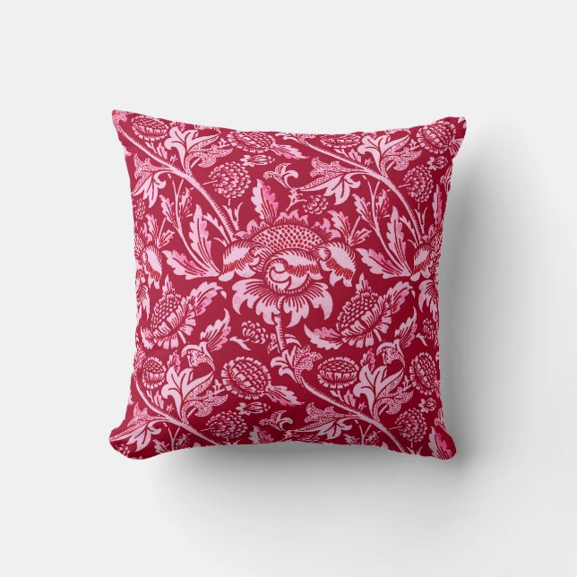 William Morris Sunflowers, Burgundy and Pink  Throw Pillow (Front)