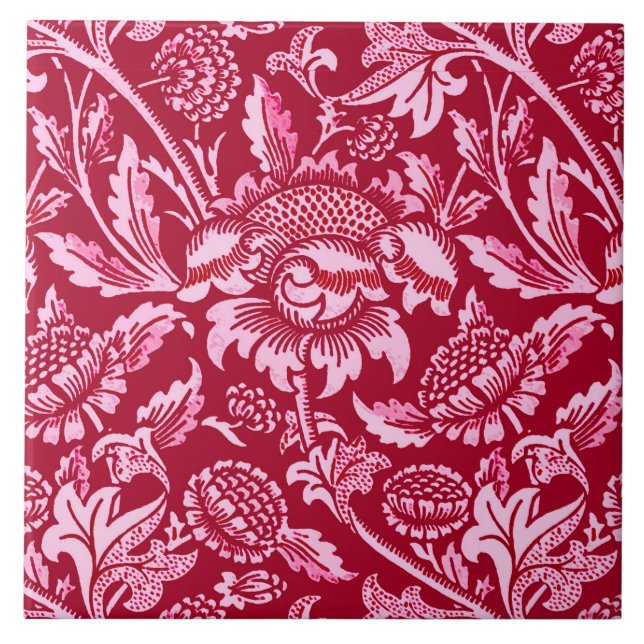 William Morris Sunflowers, Burgundy and Pink  Tile (Front)