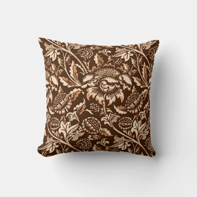 William Morris Sunflowers, Chocolate Brown & Beige Throw Pillow (Front)