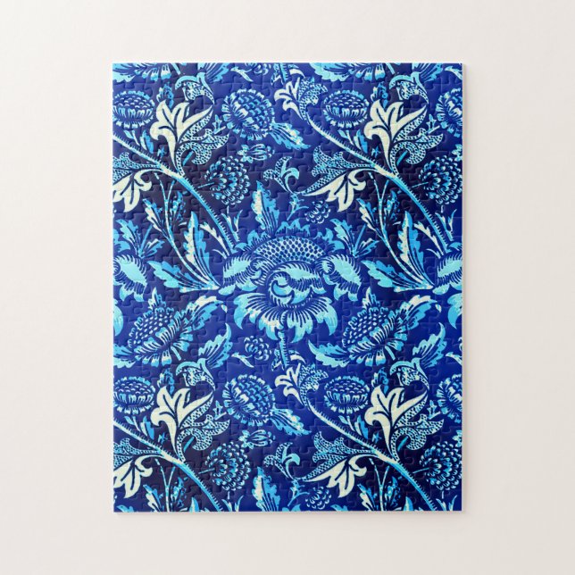 William Morris Sunflowers, Dark Blue and White Jigsaw Puzzle (Vertical)