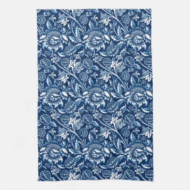 William Morris Sunflowers, Dark Blue and White Kitchen Towel (Vertical)