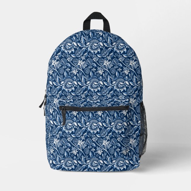 William Morris Sunflowers, Dark Blue and White Printed Backpack (Front)