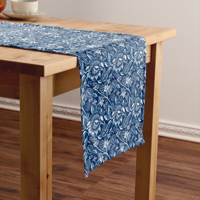 William Morris Sunflowers, Dark Blue and White Short Table Runner (In Situ)