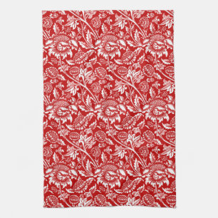 William Morris Sunflowers,  Deep Red and White Kitchen Towel