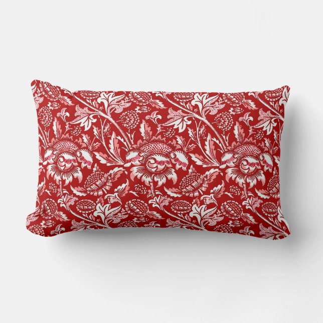 William Morris Sunflowers, Deep Red and White Lumbar Pillow (Front)