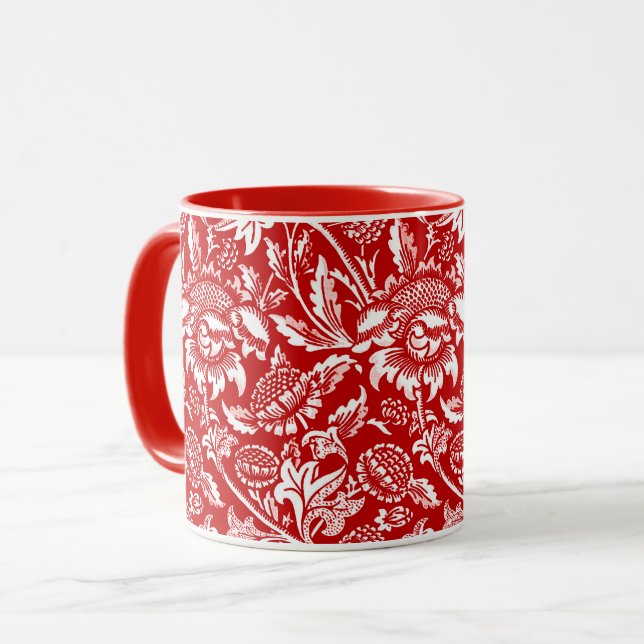 William Morris Sunflowers, Deep Red and White Mug (Front Left)