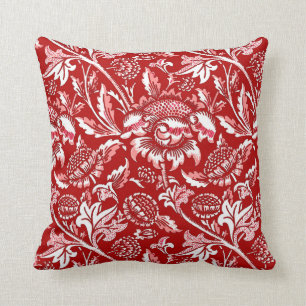William Morris Sunflowers, Deep Red and White Throw Pillow