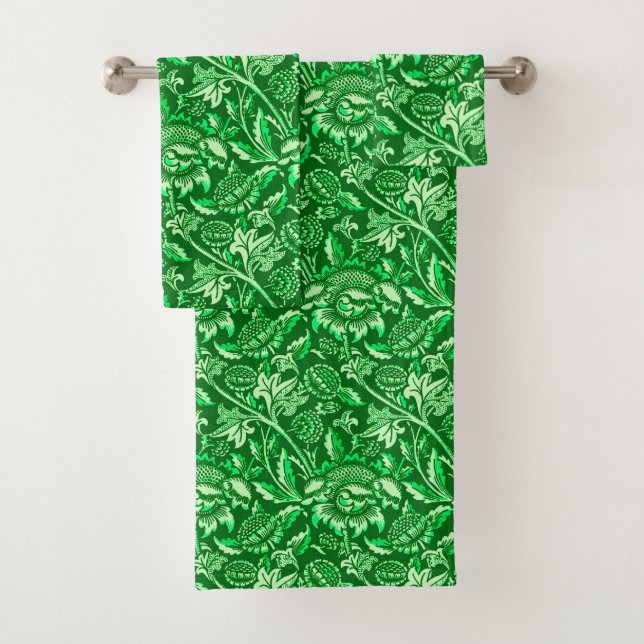 William Morris Sunflowers, Emerald Green Bath Towel Set (Insitu)