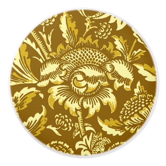 William Morris Sunflowers, Mustard Gold & Yellow Ceramic Knob (Front)