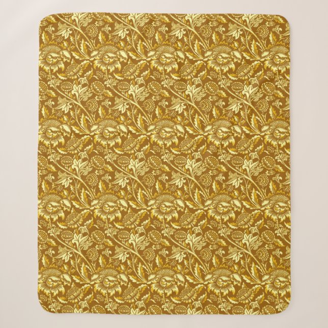 William Morris Sunflowers, Mustard Gold & Yellow Sherpa Blanket (Front)