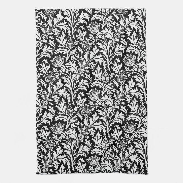 William Morris Thistle Damask, Black and White Kitchen Towel (Vertical)