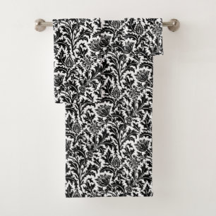 William Morris Thistle Damask, Black on White   Bath Towel Set